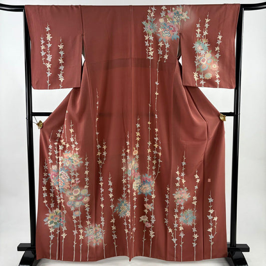 訪問服 身長164.5cm 袖長64cm M 雙層 落款あり 草花紋紋 牡丹 染分 ぼかし 紅茶 純蠶絲 秀品級 一つ紋