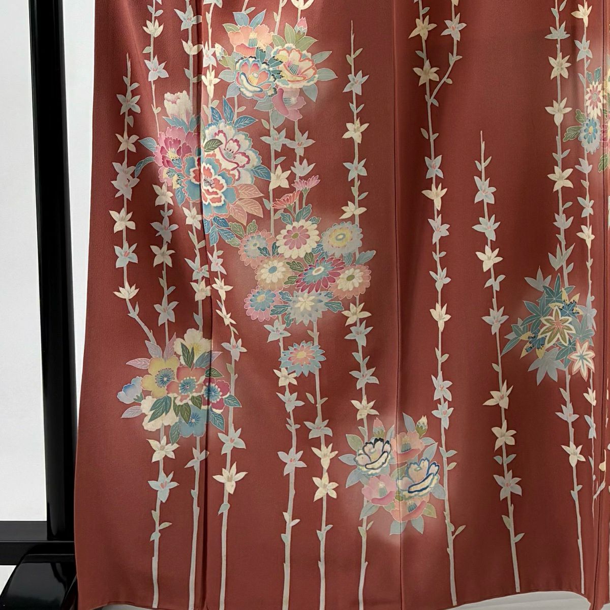 訪問服 身長164.5cm 袖長64cm M 雙層 落款あり 草花紋紋 牡丹 染分 ぼかし 紅茶 純蠶絲 秀品級 一つ紋