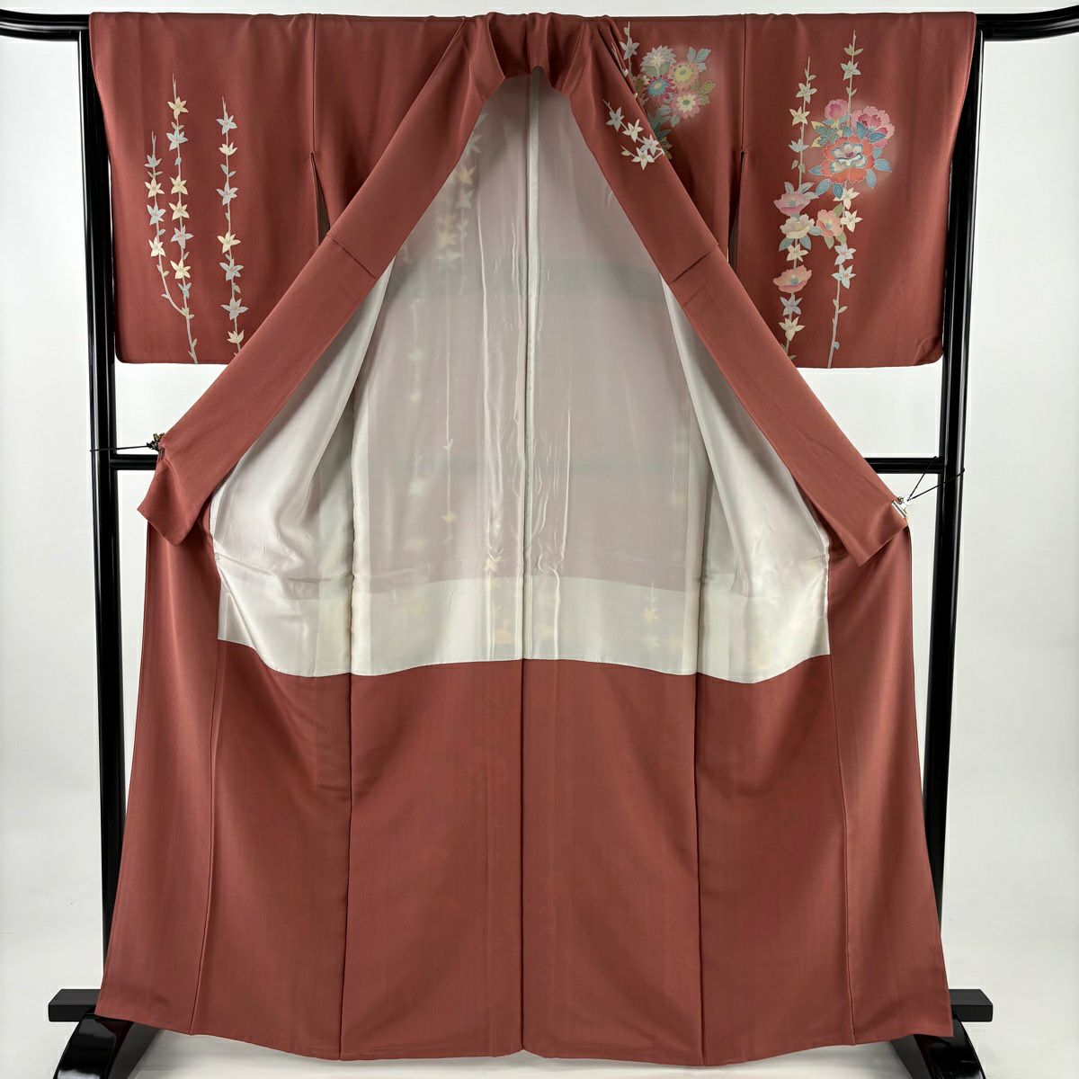 訪問服 身長164.5cm 袖長64cm M 雙層 落款あり 草花紋紋 牡丹 染分 ぼかし 紅茶 純蠶絲 秀品級 一つ紋