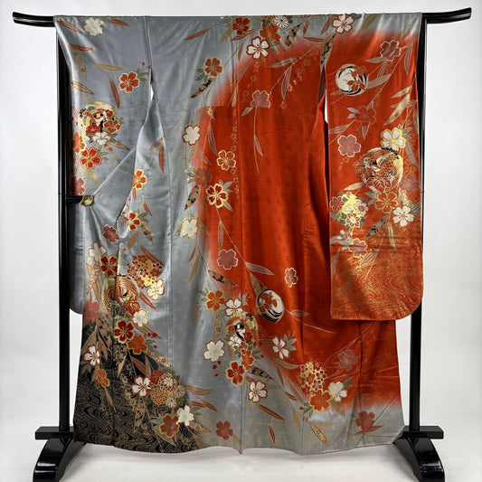 振袖禮服 身長163.5cm 袖長66.5cm M 雙層 鳳凰 垂枝櫻 金銀彩 染分 灰色 純蠶絲 秀品級