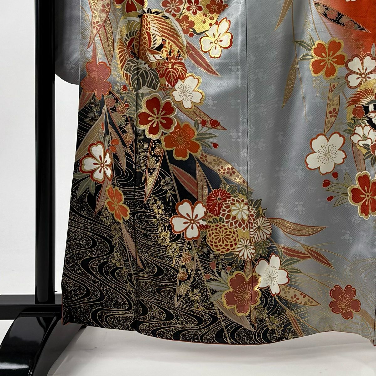 振袖禮服 身長163.5cm 袖長66.5cm M 雙層 鳳凰 垂枝櫻 金銀彩 染分 灰色 純蠶絲 秀品級