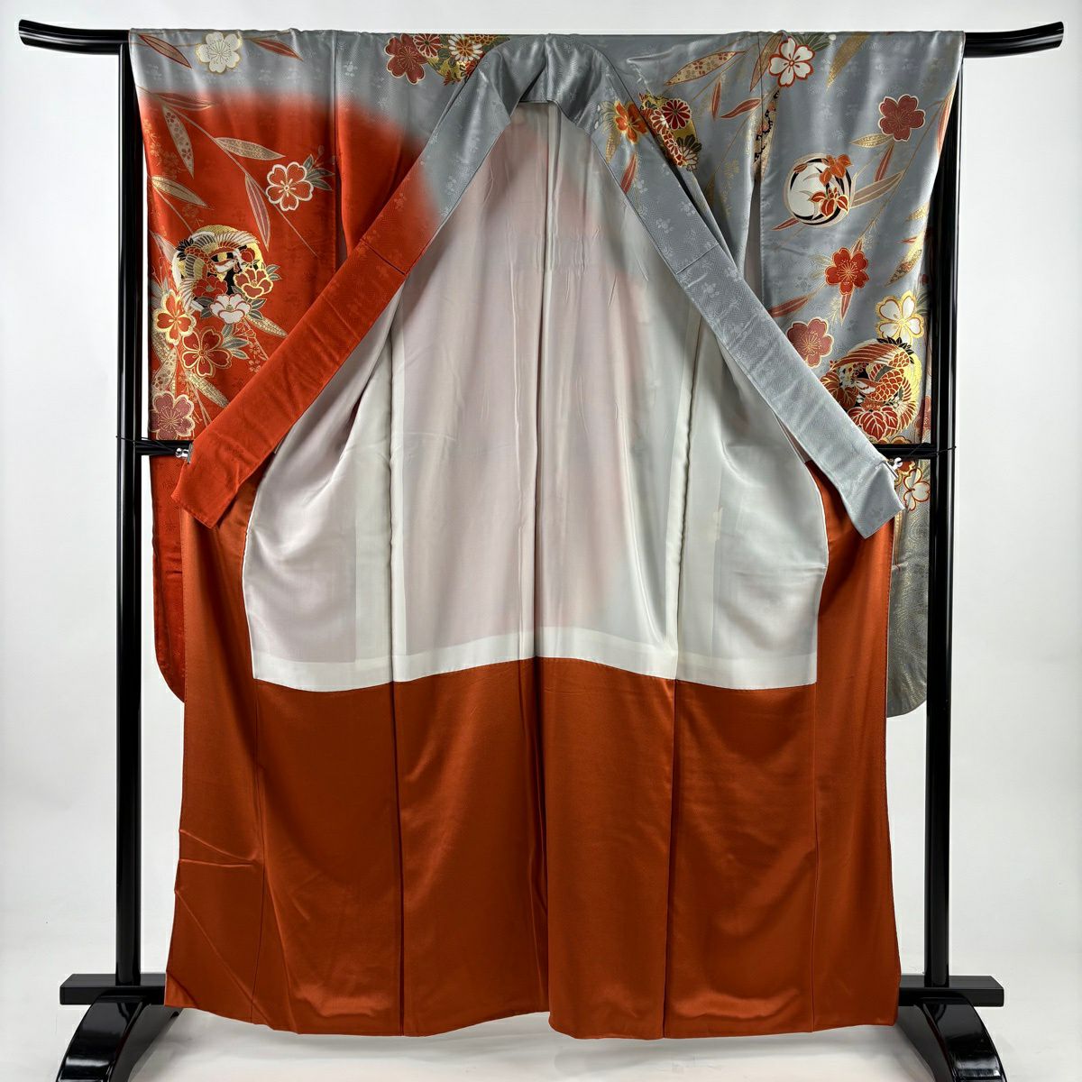 振袖禮服 身長163.5cm 袖長66.5cm M 雙層 鳳凰 垂枝櫻 金銀彩 染分 灰色 純蠶絲 秀品級