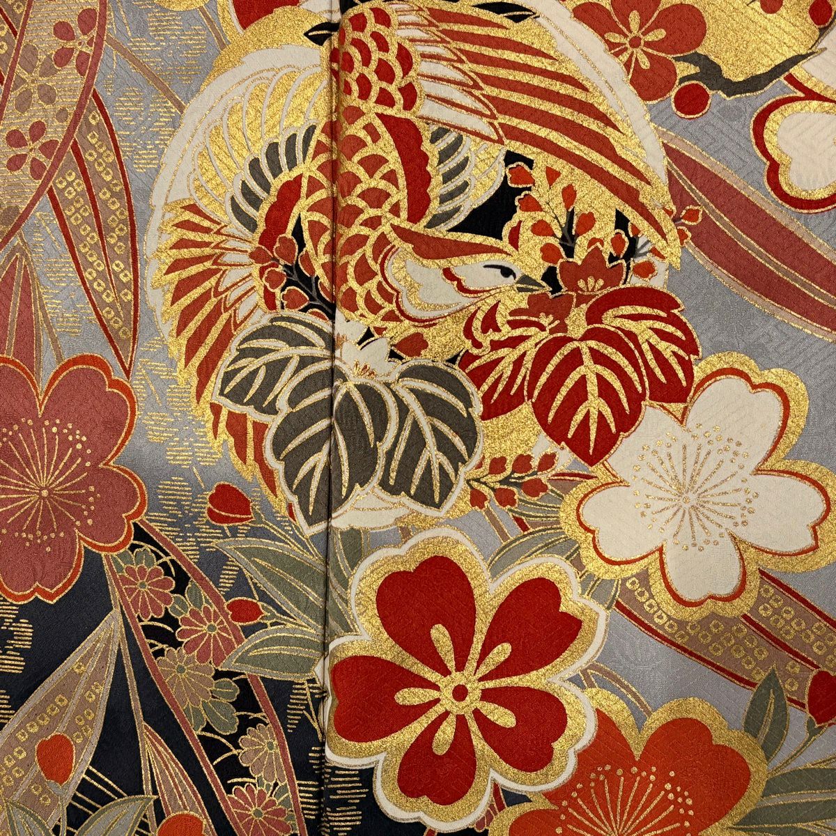 振袖禮服 身長163.5cm 袖長66.5cm M 雙層 鳳凰 垂枝櫻 金銀彩 染分 灰色 純蠶絲 秀品級