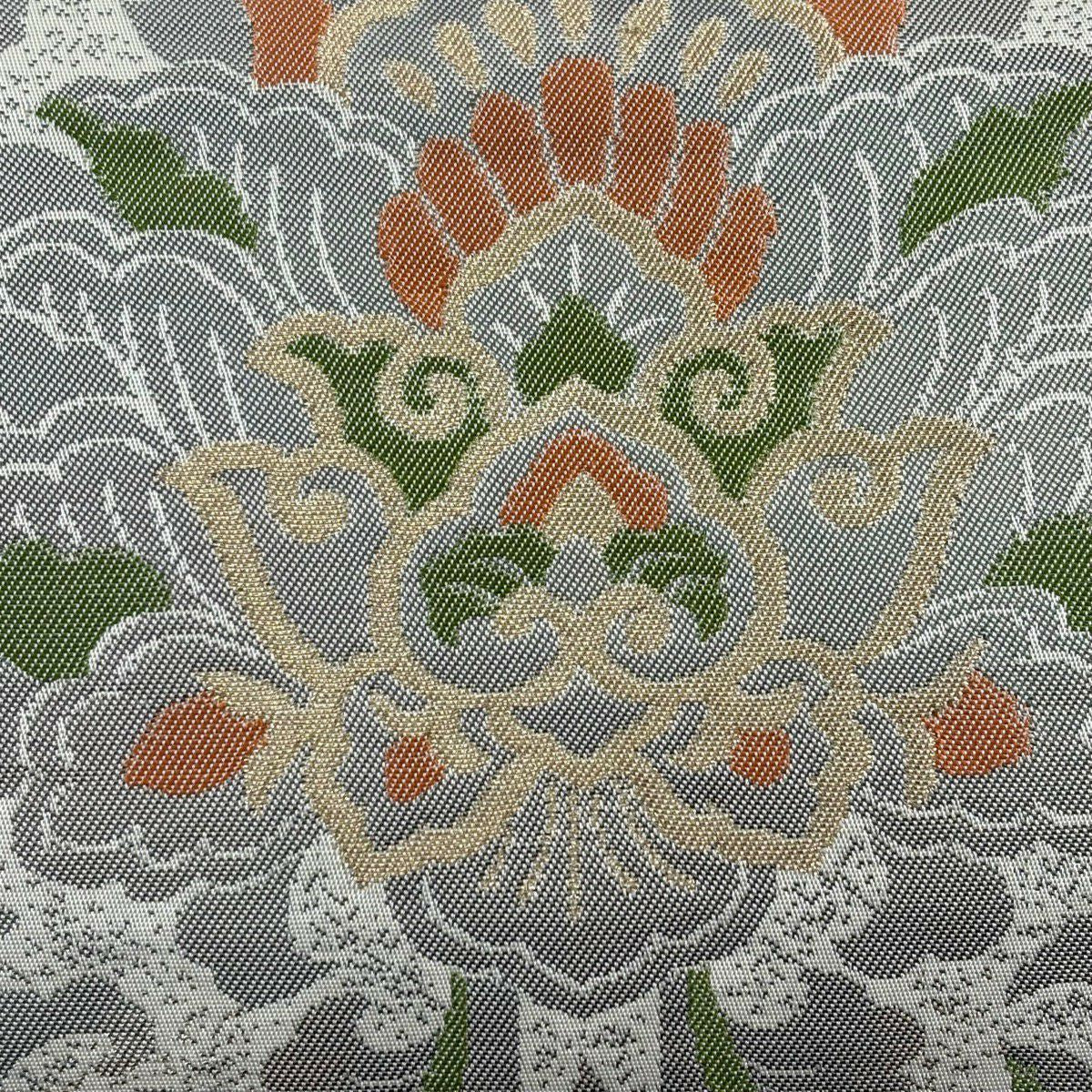 袋帶 秀品級 華紋 花唐草紋 金絲 金金箔 灰白 六通 純蠶絲