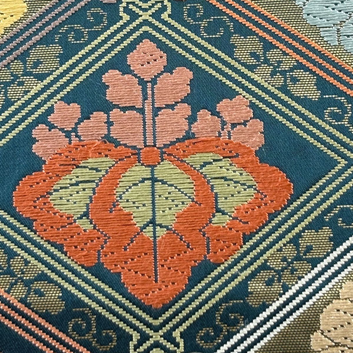 袋帶 秀品級 菊花 切金箔 唐織 綠 六通 純蠶絲