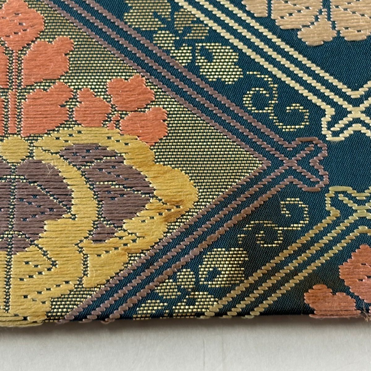 袋帶 秀品級 菊花 切金箔 唐織 綠 六通 純蠶絲