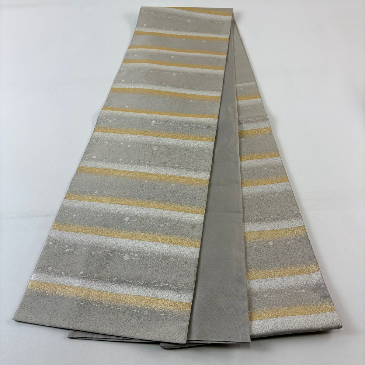 【美品】 袋帶 秀品級 段紋 金金箔散布圖案 金金箔 灰茶 六通 純蠶絲