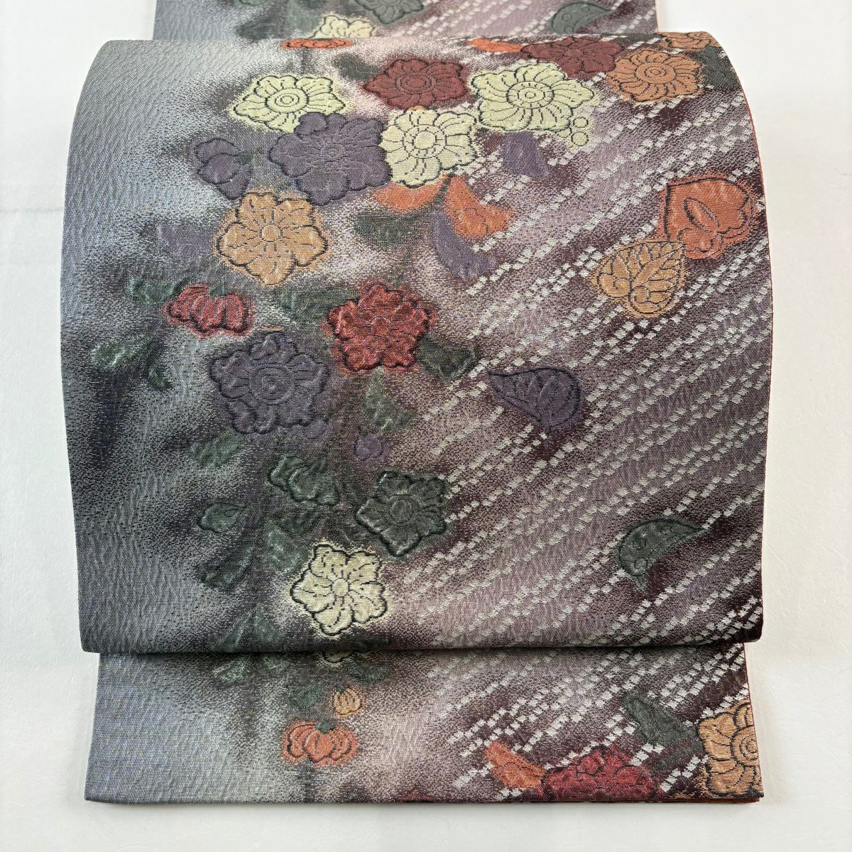 【美品】 袋帶 秀品級 辻花染 金金箔 灰紫 六通 純蠶絲