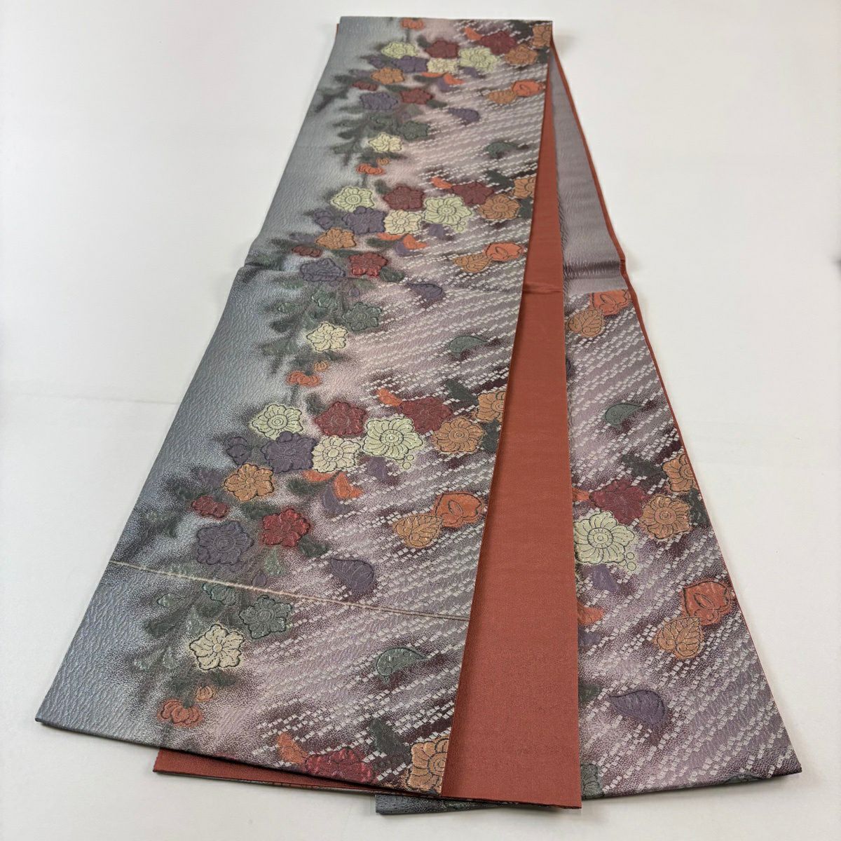 【美品】 袋帶 秀品級 辻花染 金金箔 灰紫 六通 純蠶絲