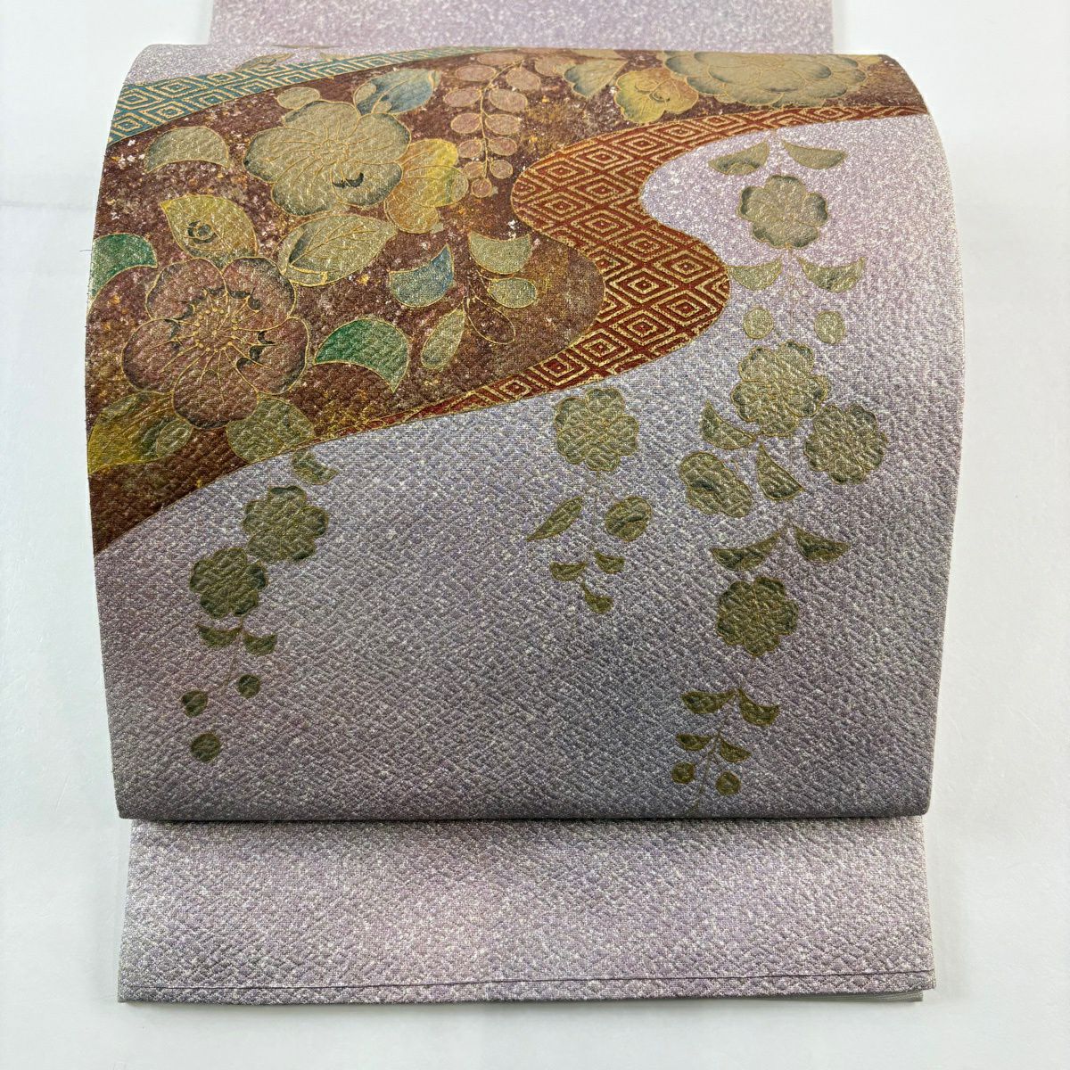 【美品】 袋帶 秀品級 關西仕立 草花紋紋 菱形 金銀彩 金金箔 淺紫色 大鼓圖案 純蠶絲