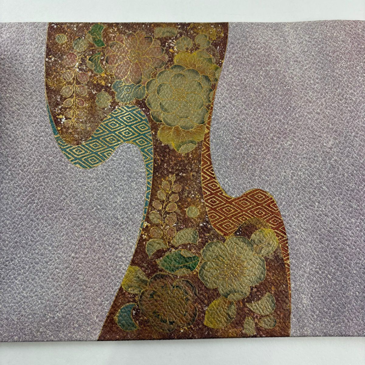 【美品】 袋帶 秀品級 關西仕立 草花紋紋 菱形 金銀彩 金金箔 淺紫色 大鼓圖案 純蠶絲