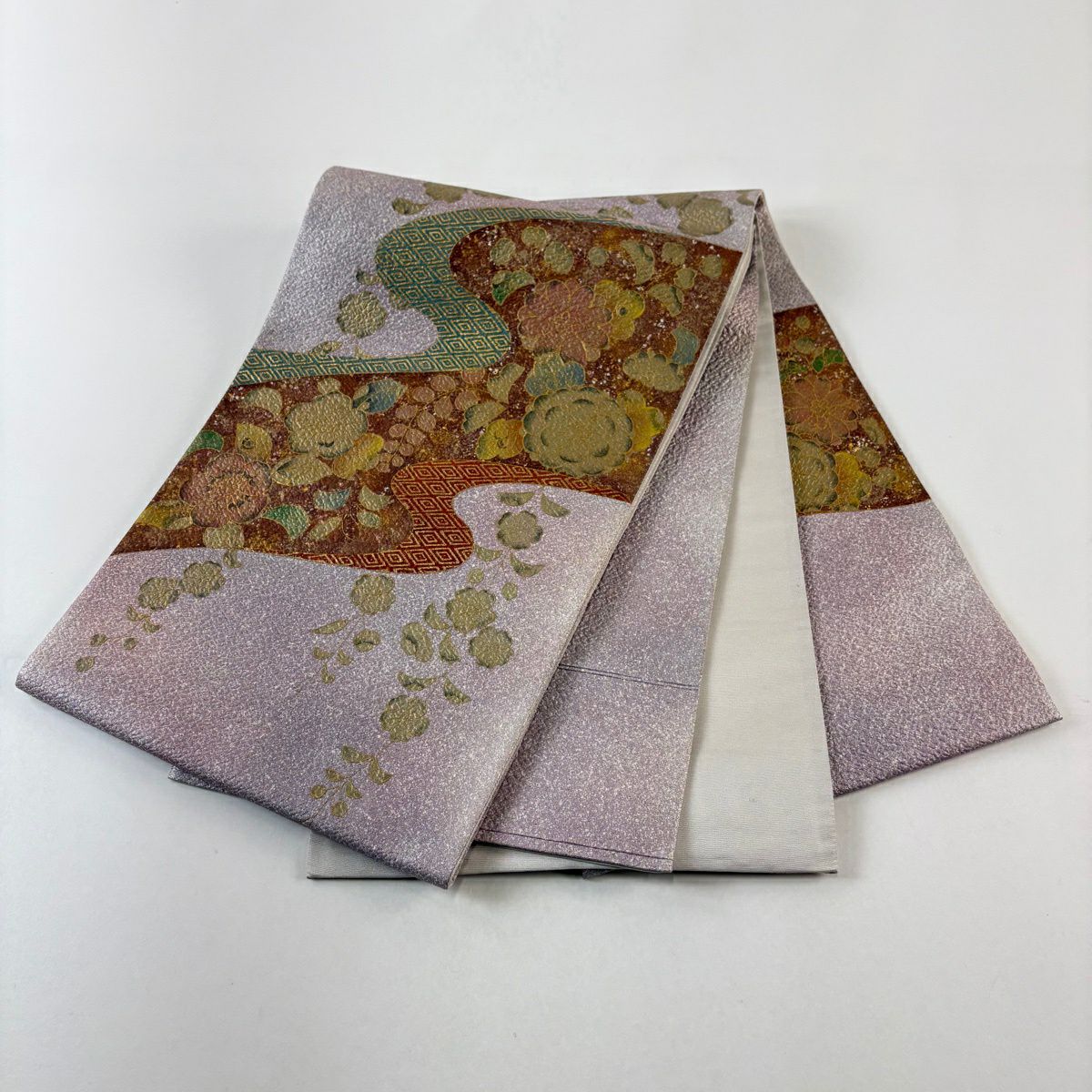 【美品】 袋帶 秀品級 關西仕立 草花紋紋 菱形 金銀彩 金金箔 淺紫色 大鼓圖案 純蠶絲