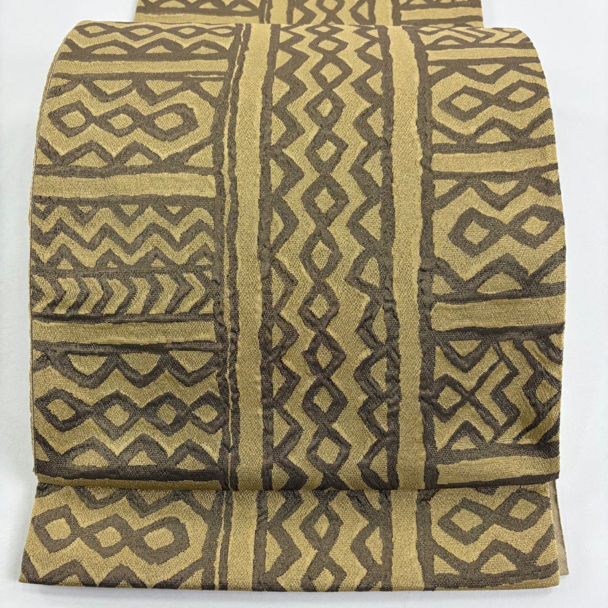 【美品】 袋帶 秀品級 幾何學 金絲 米色 六通 純蠶絲