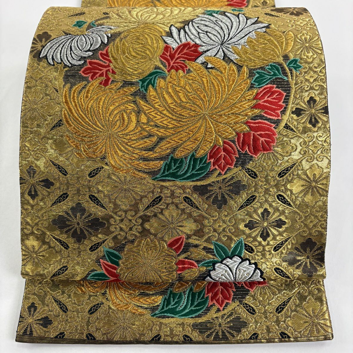 【美品】 袋帶 秀品級 雲上花的宴會 菊花 花菱 金銀線 唐織 金色 六通 純蠶絲