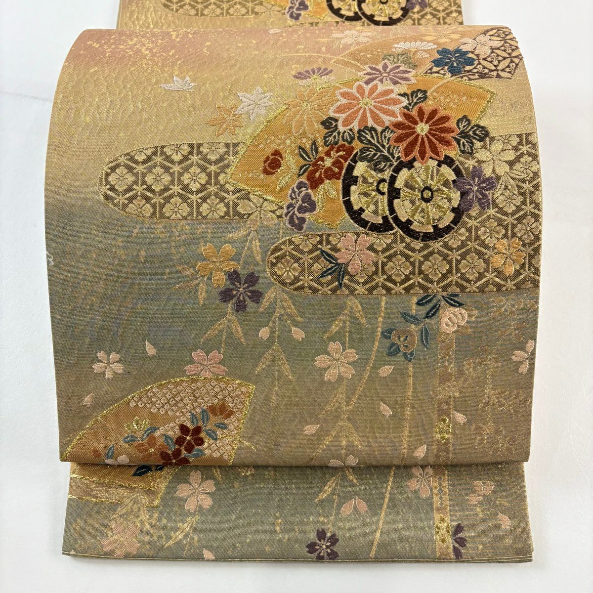 【美品】 袋帶 秀品級 關西仕立 花車 櫻花 金絲 金金箔 黃土色 六通 純蠶絲