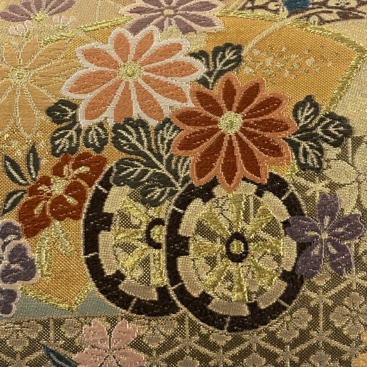 【美品】 袋帶 秀品級 關西仕立 花車 櫻花 金絲 金金箔 黃土色 六通 純蠶絲