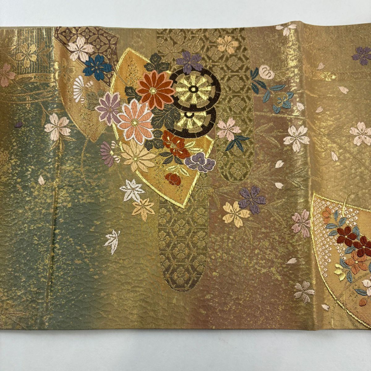 【美品】 袋帶 秀品級 關西仕立 花車 櫻花 金絲 金金箔 黃土色 六通 純蠶絲