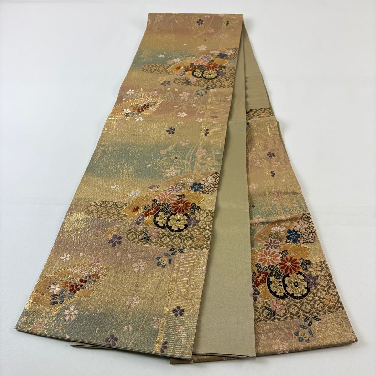 【美品】 袋帶 秀品級 關西仕立 花車 櫻花 金絲 金金箔 黃土色 六通 純蠶絲