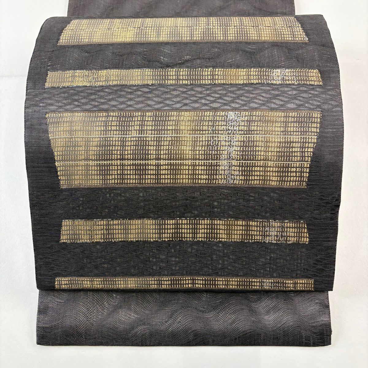 【美品】 袋帶 秀品級 夏帶 段紋 金絲 金金箔 灰色 大鼓圖案 純蠶絲