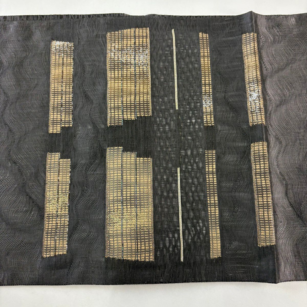 【美品】 袋帶 秀品級 夏帶 段紋 金絲 金金箔 灰色 大鼓圖案 純蠶絲