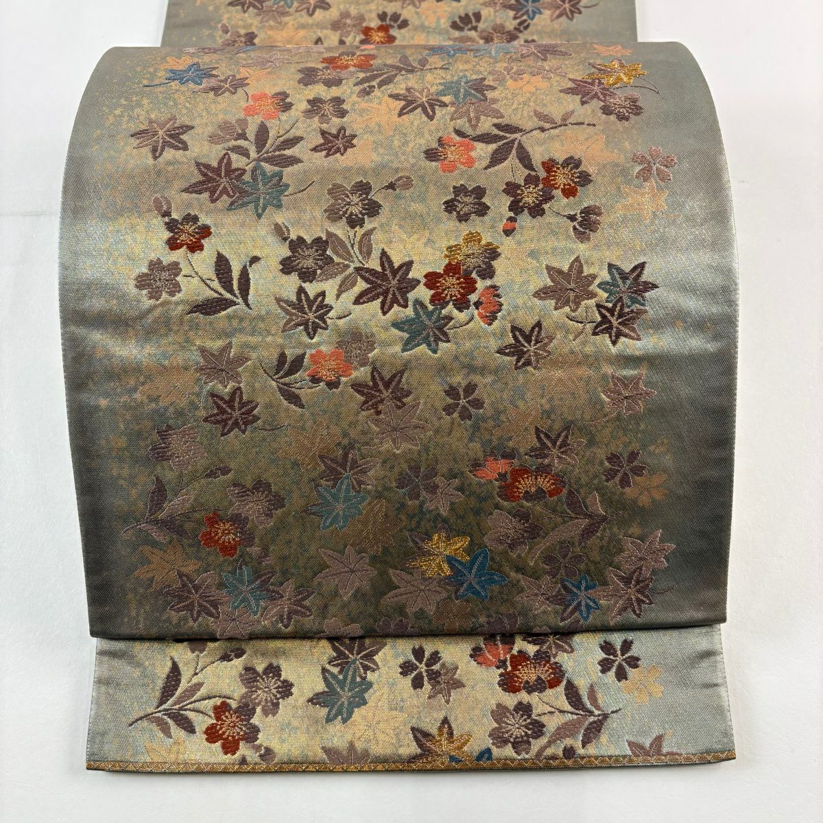 【美品】 袋帶 秀品級 關西仕立 雜畫櫻楓紋 金線 金金箔 灰綠 六通 純蠶絲