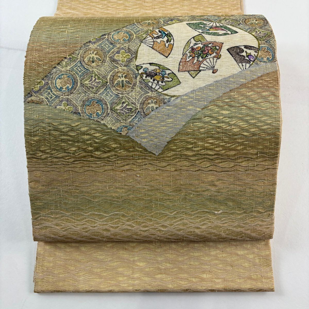 【美品】 袋帶 秀品級 扇子 圓文 茶綠 金銀彩 純蠶絲