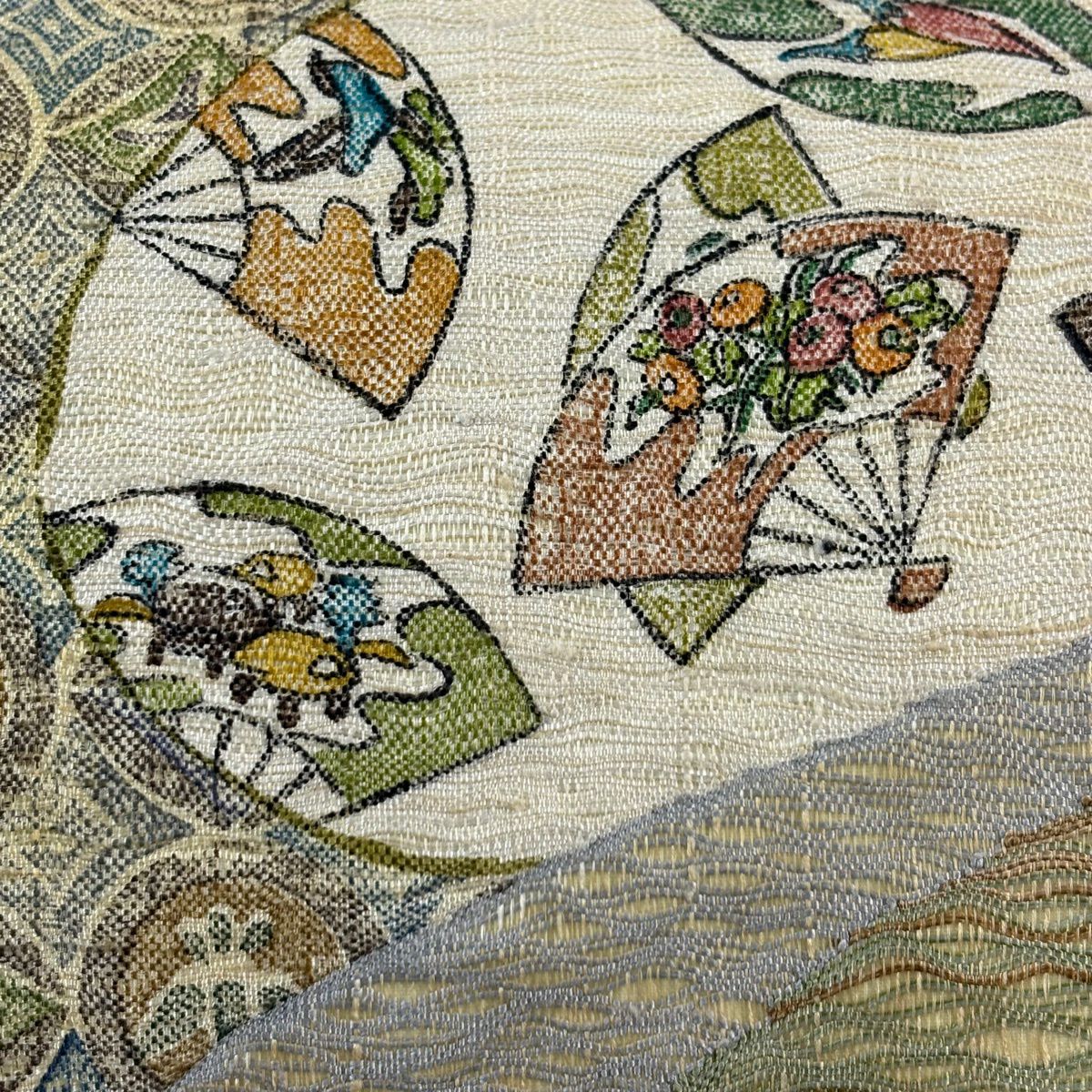 【美品】 袋帶 秀品級 扇子 圓文 茶綠 金銀彩 純蠶絲