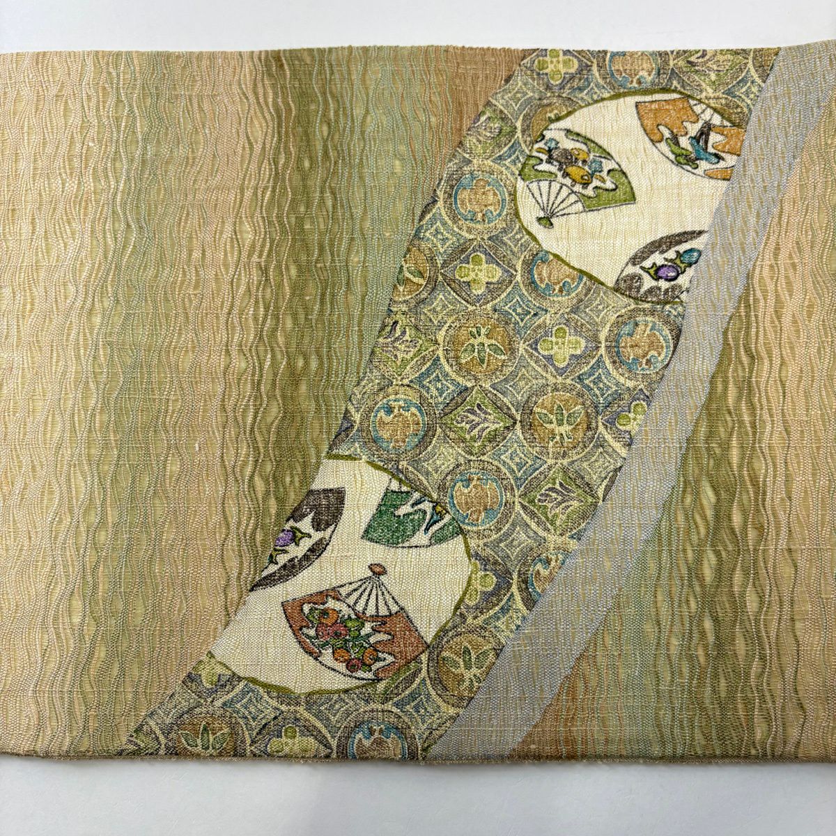 【美品】 袋帶 秀品級 扇子 圓文 茶綠 金銀彩 純蠶絲