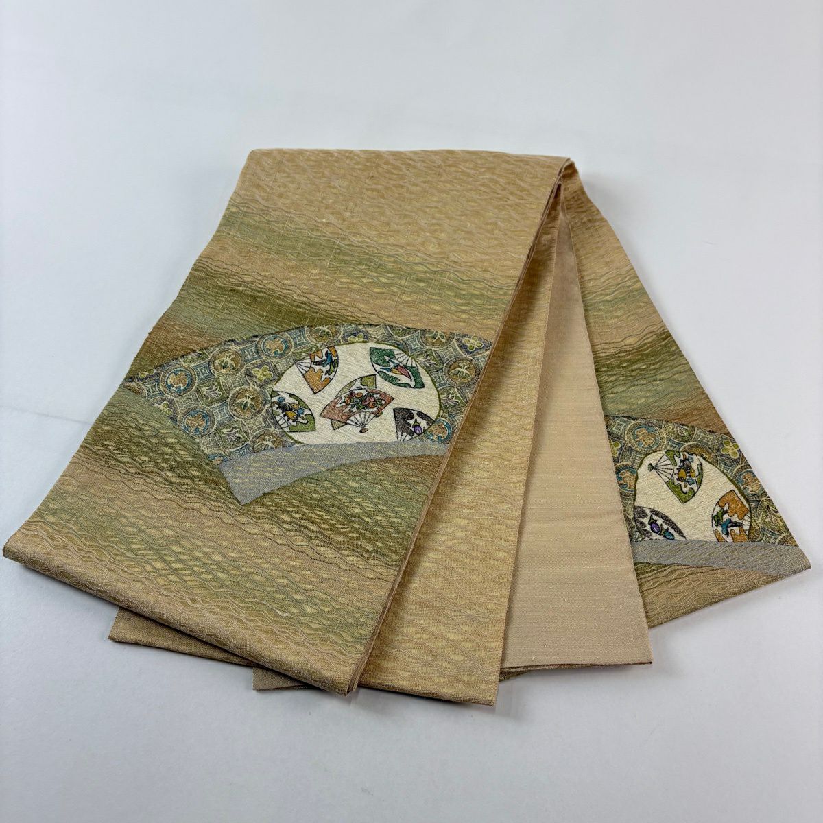 【美品】 袋帶 秀品級 扇子 圓文 茶綠 金銀彩 純蠶絲