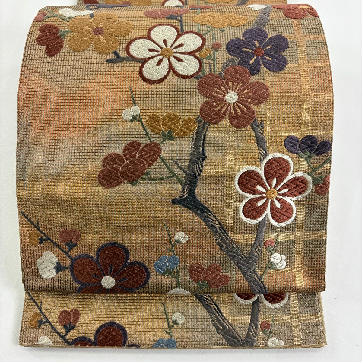 袋帶 秀品級 薫風梅花樹紋樣 刺繡 金線 金茶 六通 純蠶絲