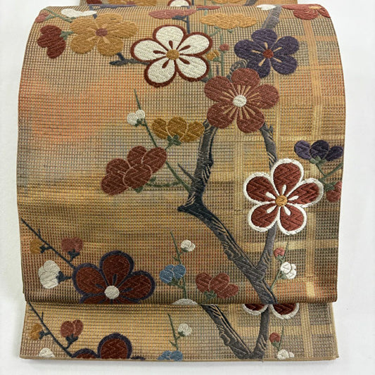 袋帶 秀品級 薫風梅花樹紋樣 刺繡 金線 金茶 六通 純蠶絲