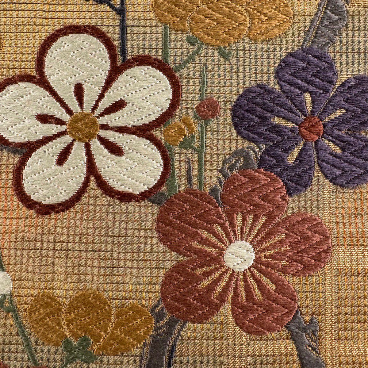 袋帶 秀品級 薫風梅花樹紋樣 刺繡 金線 金茶 六通 純蠶絲