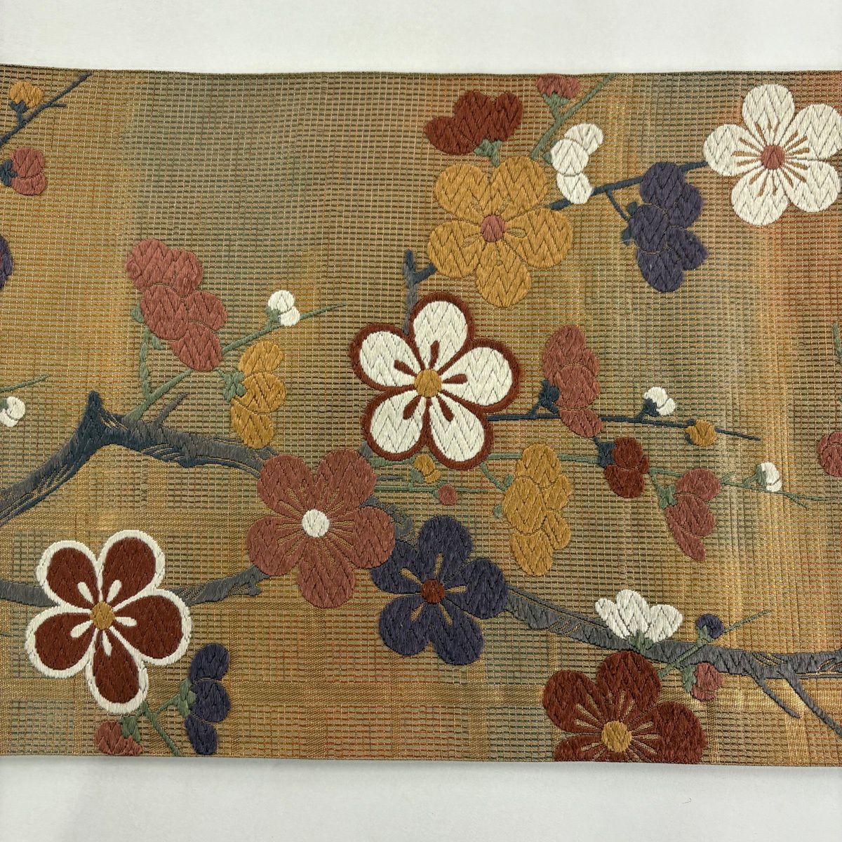 袋帶 秀品級 薫風梅花樹紋樣 刺繡 金線 金茶 六通 純蠶絲