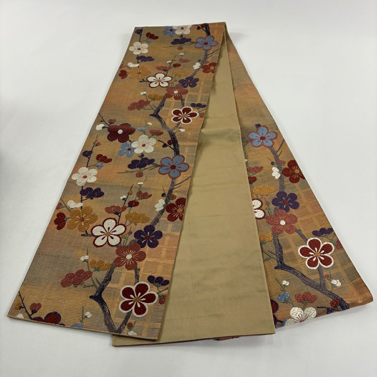 袋帶 秀品級 薫風梅花樹紋樣 刺繡 金線 金茶 六通 純蠶絲