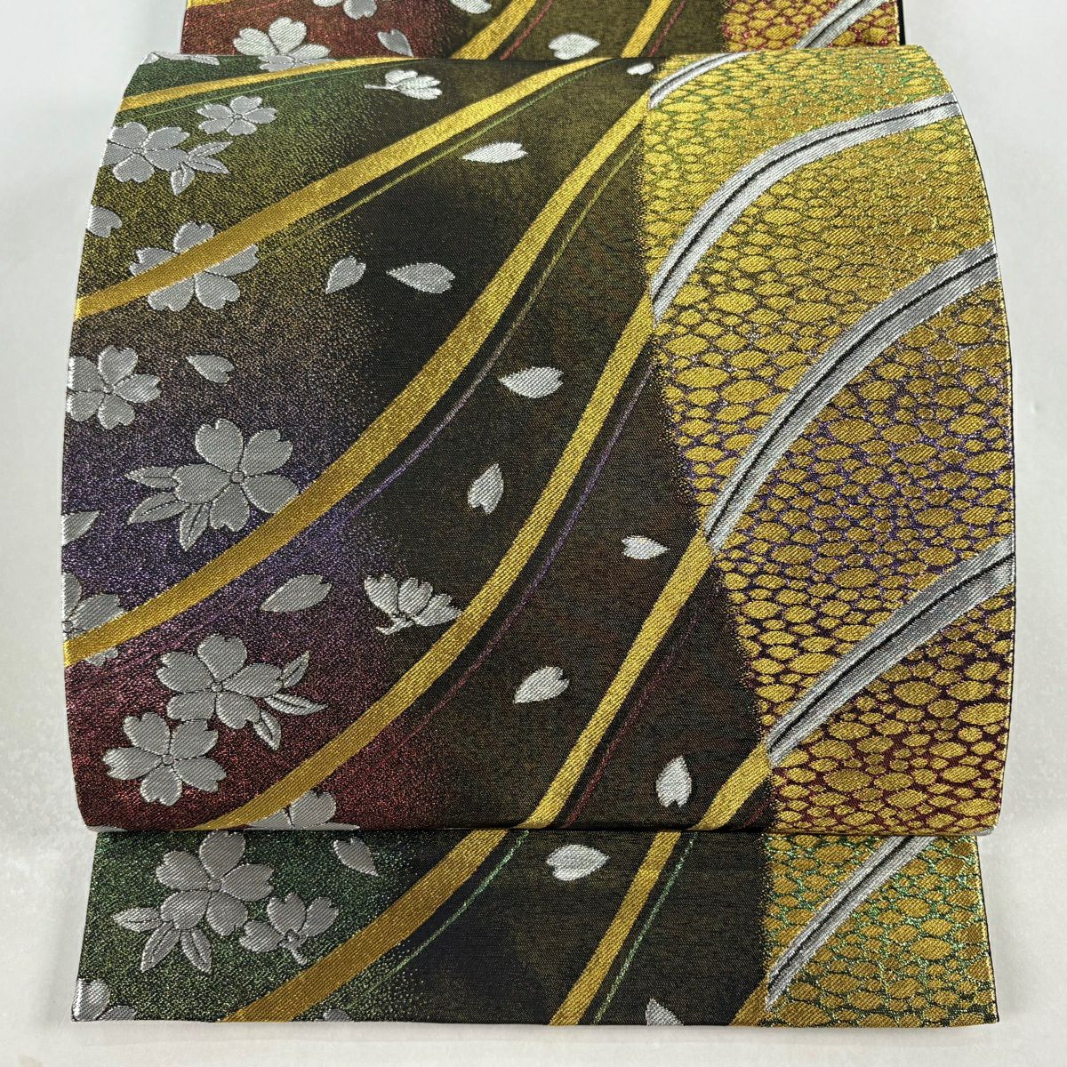 【美品】 袋帶 秀品級 櫻花花瓣 金銀絲 金色 六通 純蠶絲