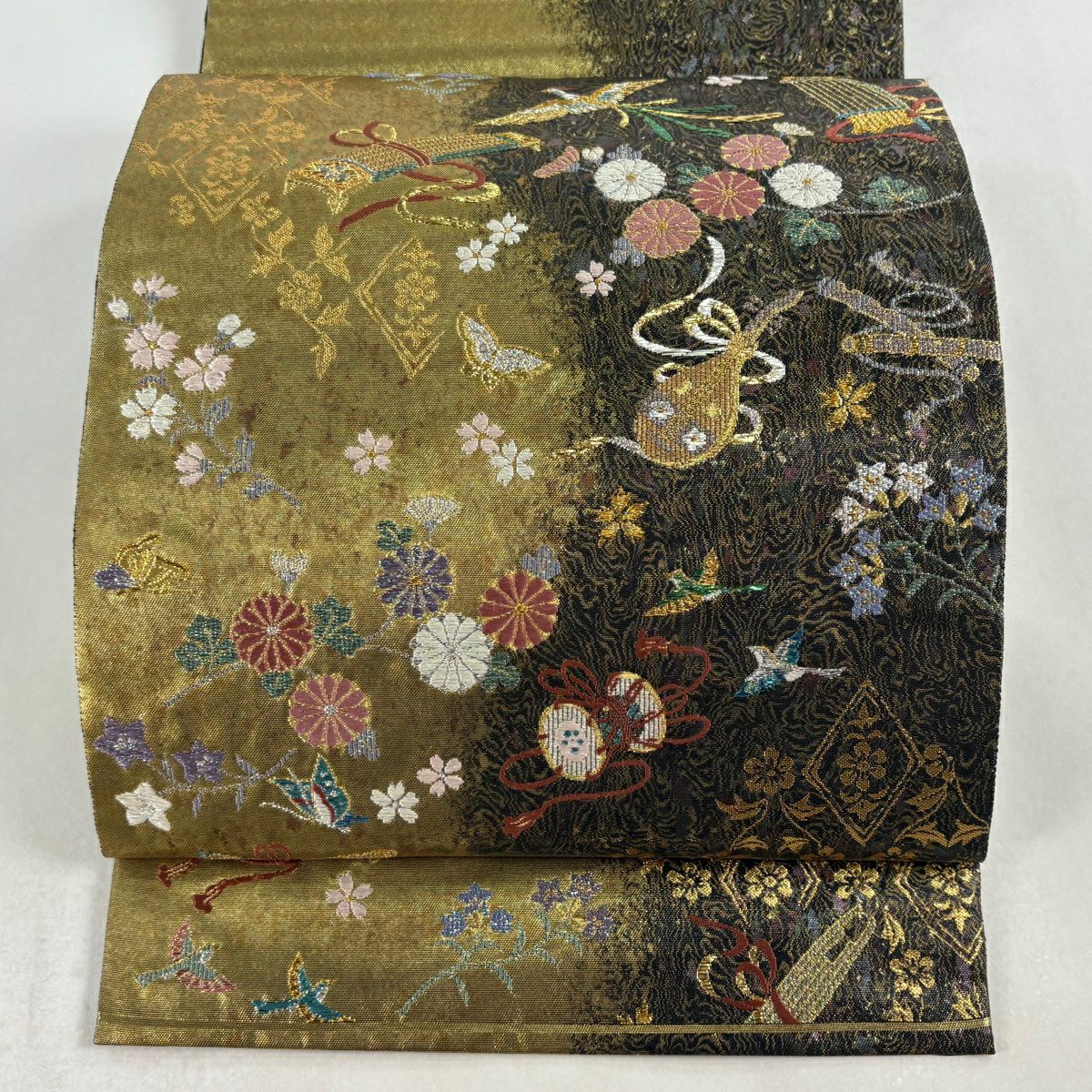【美品】 袋帶 秀品級 關西仕立 雜樂器 花鳥 金絲 金金箔 金色 六通 純蠶絲