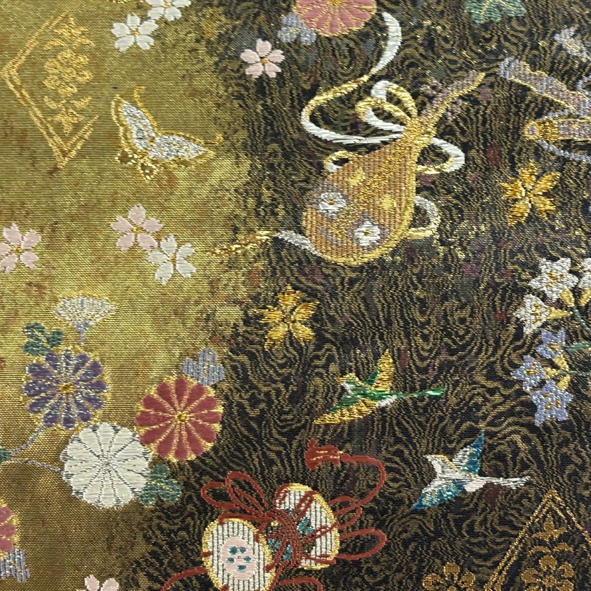 【美品】 袋帶 秀品級 關西仕立 雜樂器 花鳥 金絲 金金箔 金色 六通 純蠶絲
