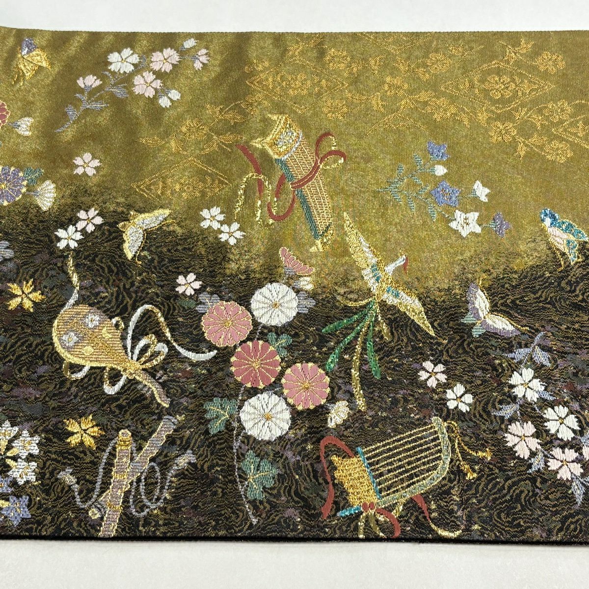 【美品】 袋帶 秀品級 關西仕立 雜樂器 花鳥 金絲 金金箔 金色 六通 純蠶絲