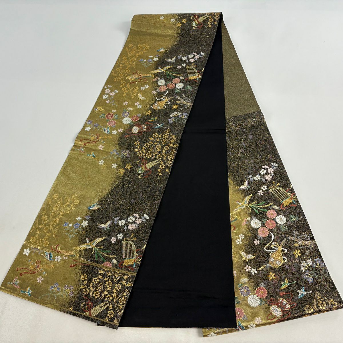 【美品】 袋帶 秀品級 關西仕立 雜樂器 花鳥 金絲 金金箔 金色 六通 純蠶絲