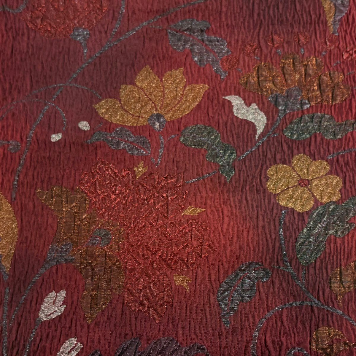 袋帶 秀品級 花唐草紋 金金箔 紅黑 六通 純蠶絲