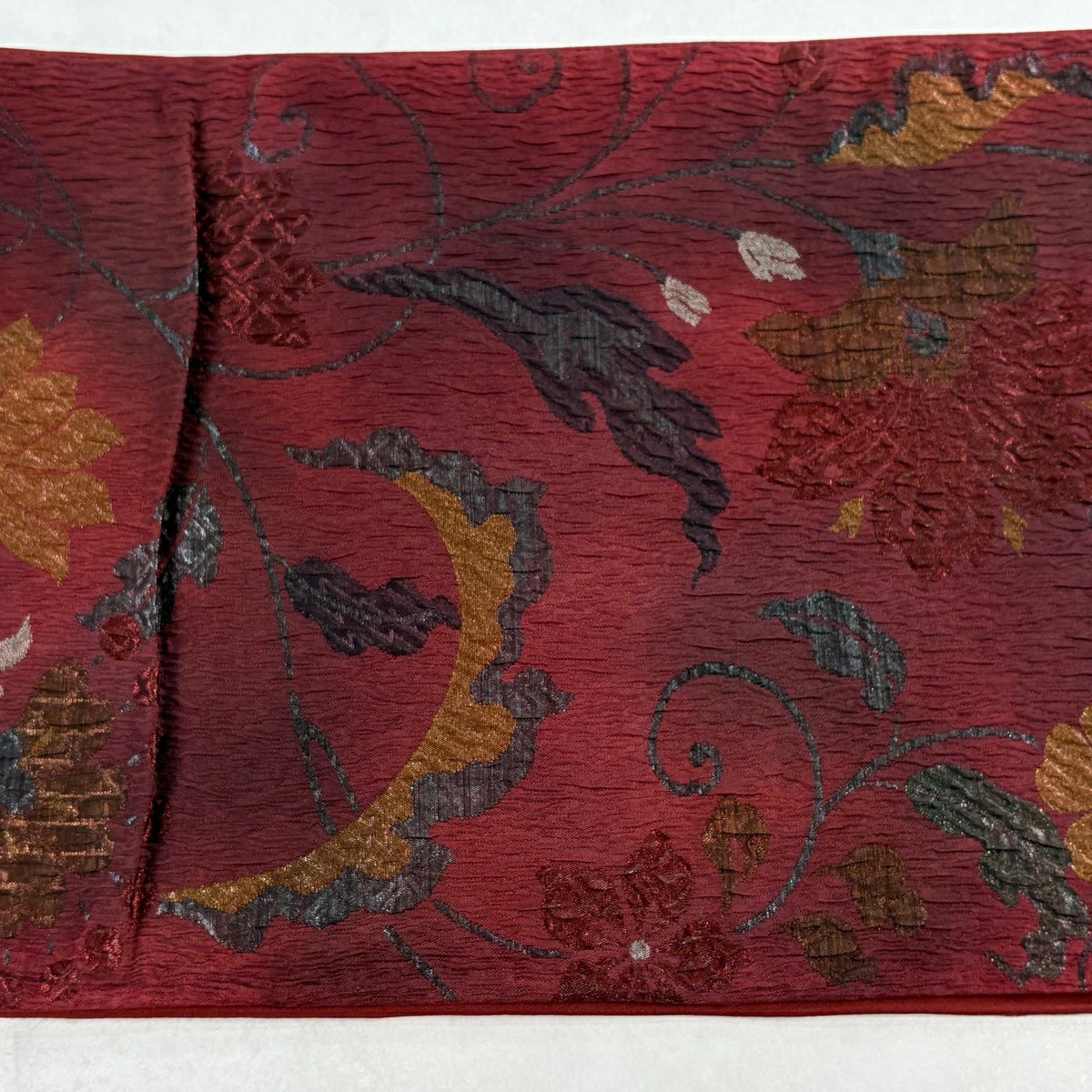 袋帶 秀品級 花唐草紋 金金箔 紅黑 六通 純蠶絲