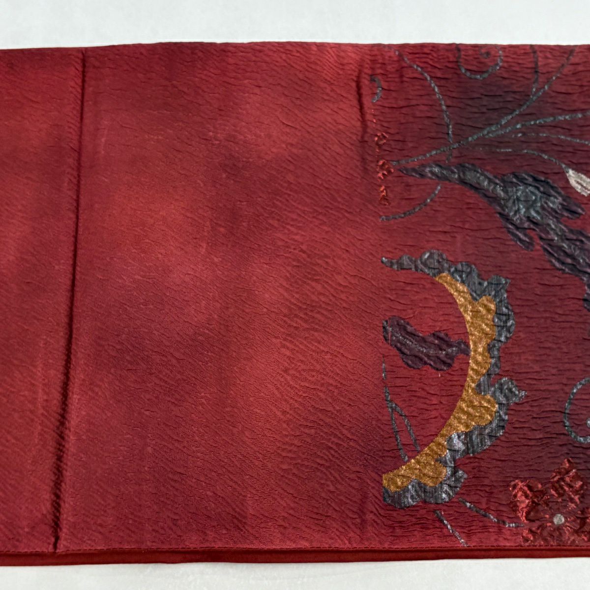 袋帶 秀品級 花唐草紋 金金箔 紅黑 六通 純蠶絲