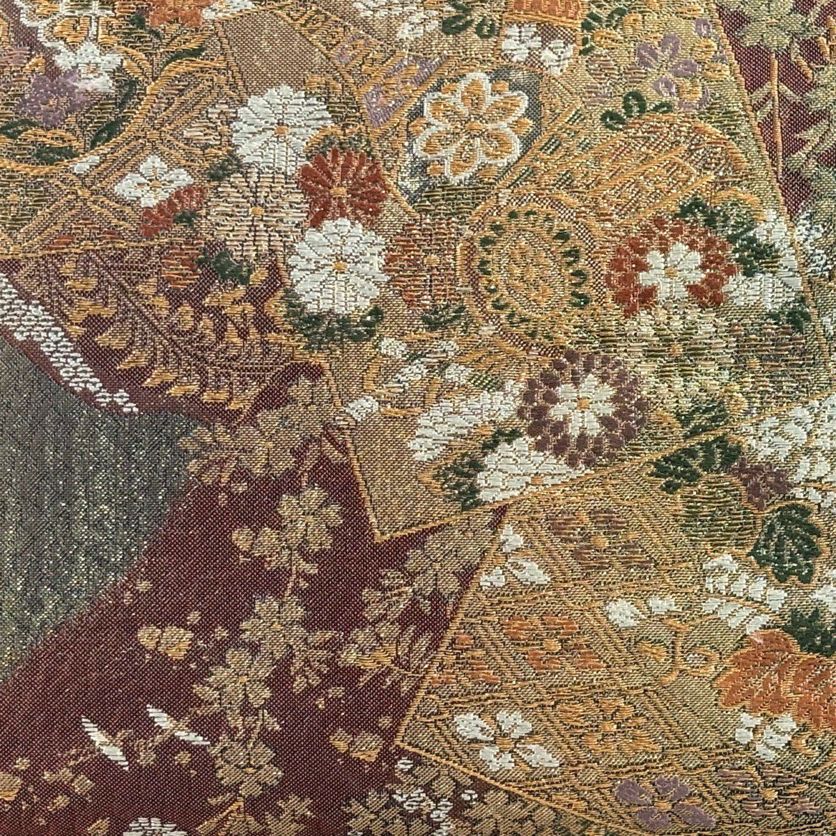 袋帶 秀品級 色紙 草花紋 金糸 金金箔 灰綠 六通 純蠶絲