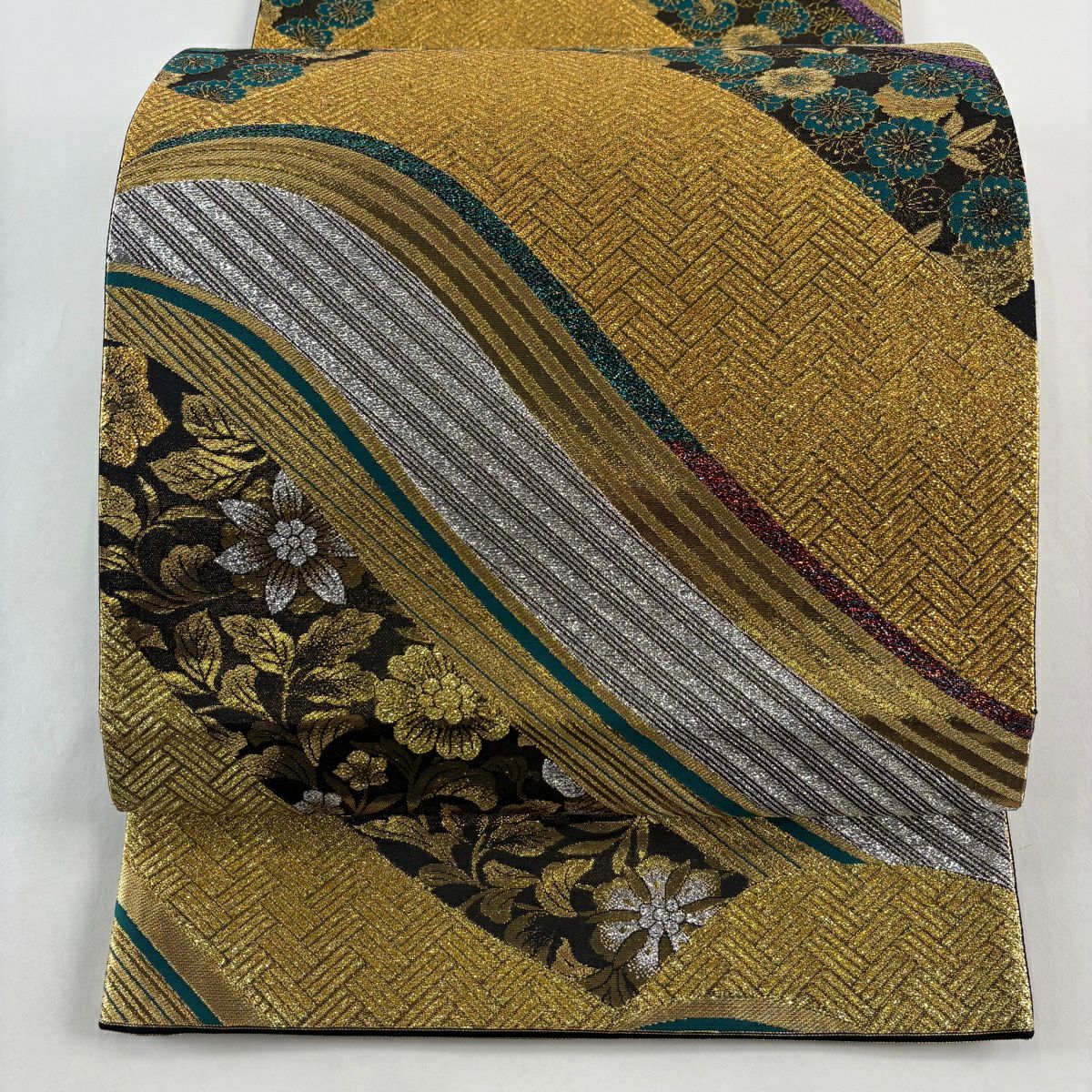 袋帶 秀品級 櫻花 波紋 金絲 金金箔 金色 六通 純蠶絲