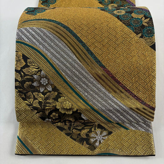 袋帶 秀品級 櫻花 波紋 金絲 金金箔 金色 六通 純蠶絲