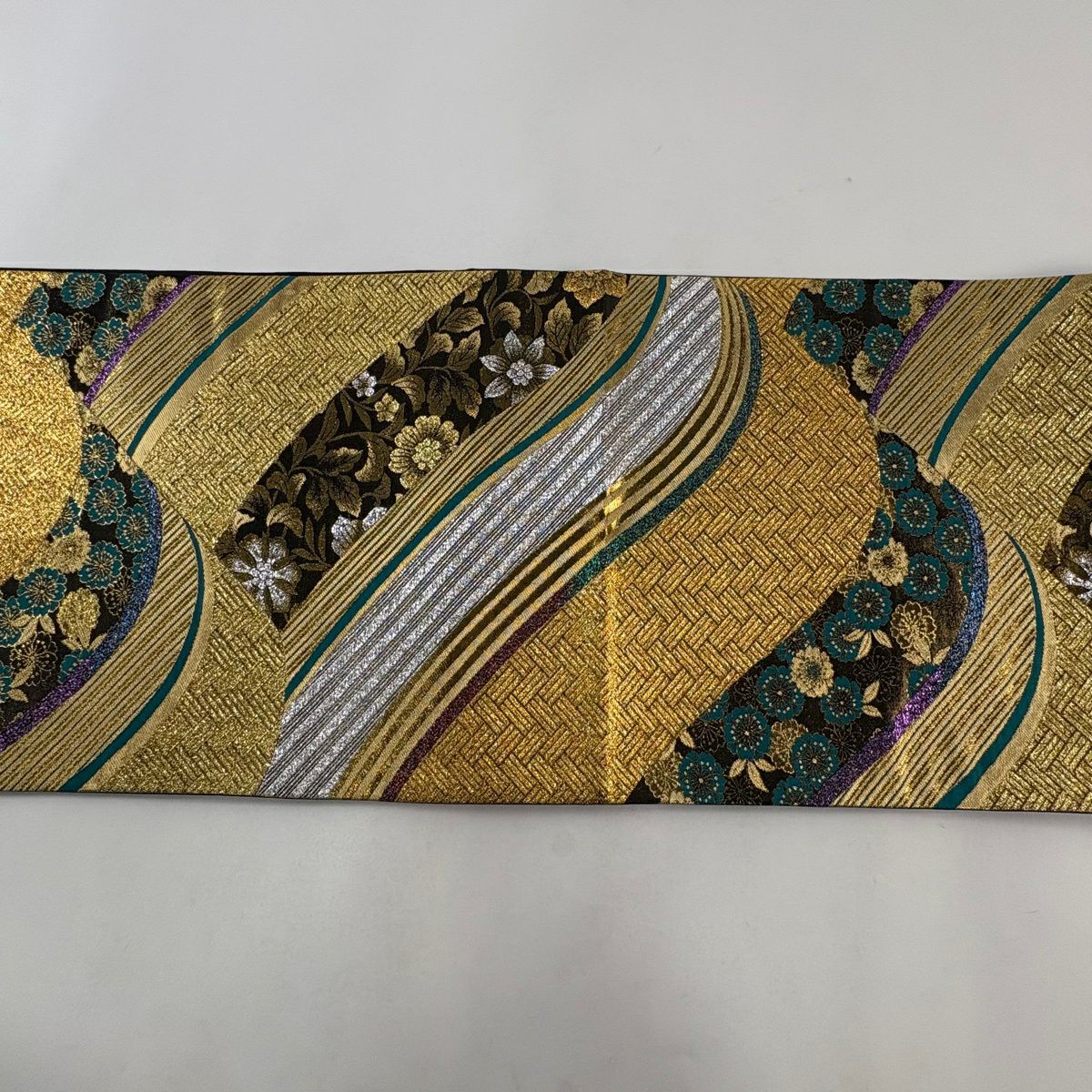 袋帶 秀品級 櫻花 波紋 金絲 金金箔 金色 六通 純蠶絲