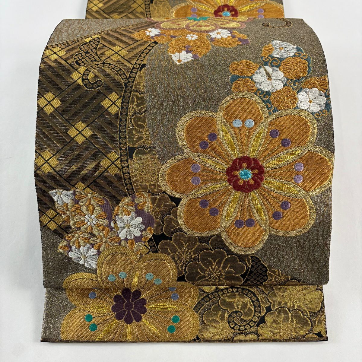 【美品】 袋帶 秀品級 振袖禮服禮服用 花 花唐草紋 金銀線 金金箔 金色 全通 純蠶絲