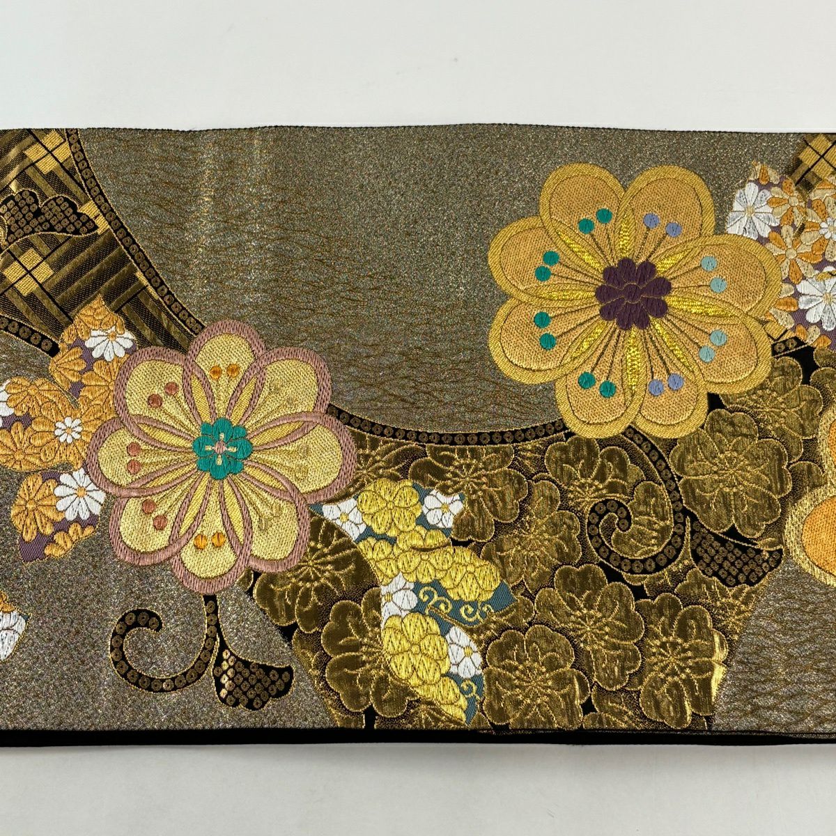 【美品】 袋帶 秀品級 振袖禮服禮服用 花 花唐草紋 金銀線 金金箔 金色 全通 純蠶絲
