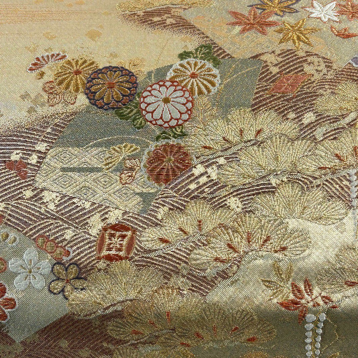 袋帶 秀品級 菊花 松樹 金絲 金金箔 金 六通 純蠶絲