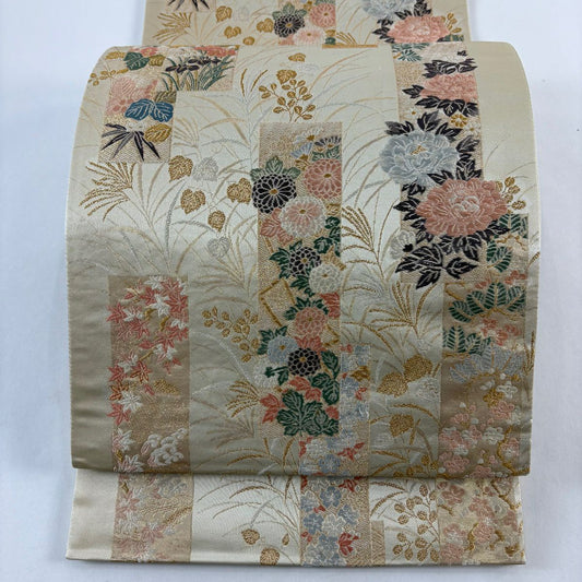 袋帶 秀品級 短冊 草花紋紋 金線 金金箔 米色 六通 純蠶絲